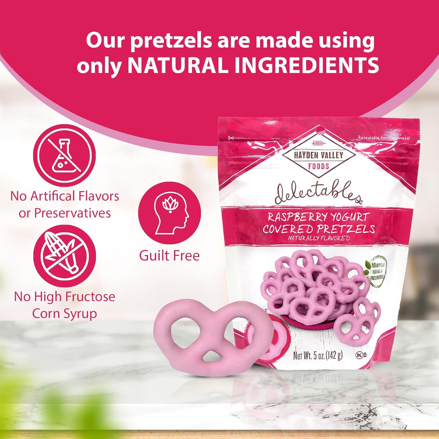 Hayden Valley Foods Raspberry Yogurt Covered Pretzels | 5 oz Bags (Pack of 3) | No Artificial Flavors, Preservatives or Colors | Pink Bulk Sweet Snacks
