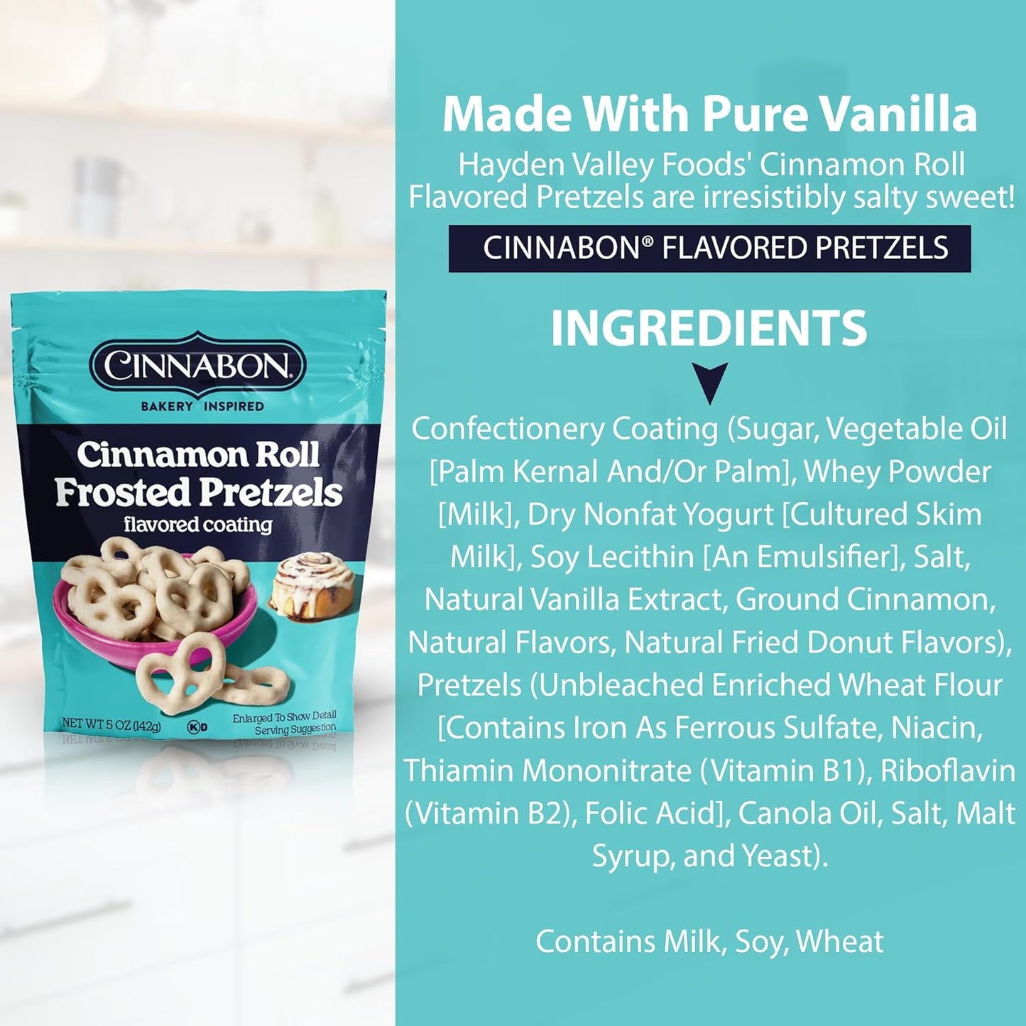 Hayden Valley Foods Cinnabon Bun Covered Pretzels | 5 oz Bags (Pack of 3) | No Artificial Flavors, Preservatives or Colors | Gourmet Bulk Snacks