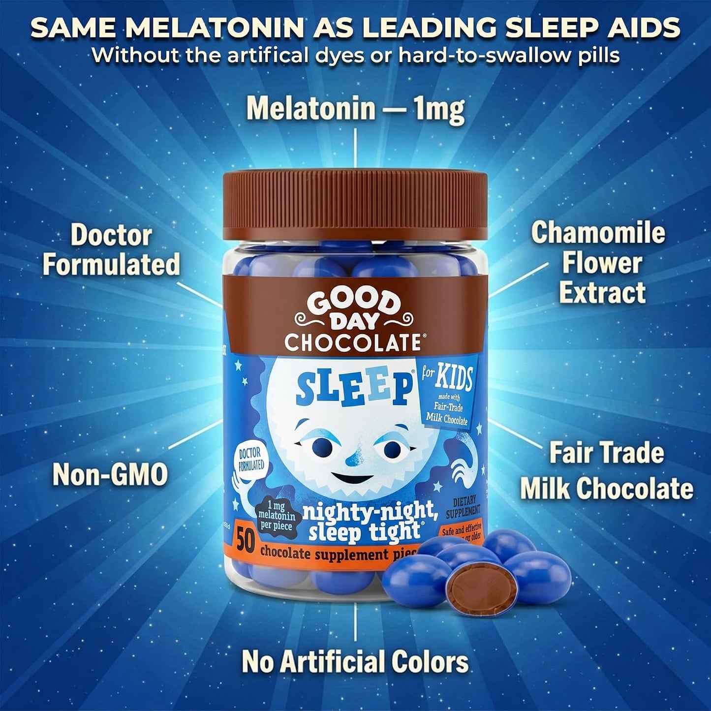 Good Day Chocolate Kids Sleep Aid, Melatonin 1mg & Chamomile, Milk Chocolate | 50 Count (Pack of 2) | Non-GMO, Fair Trade, Doctor-Founded
