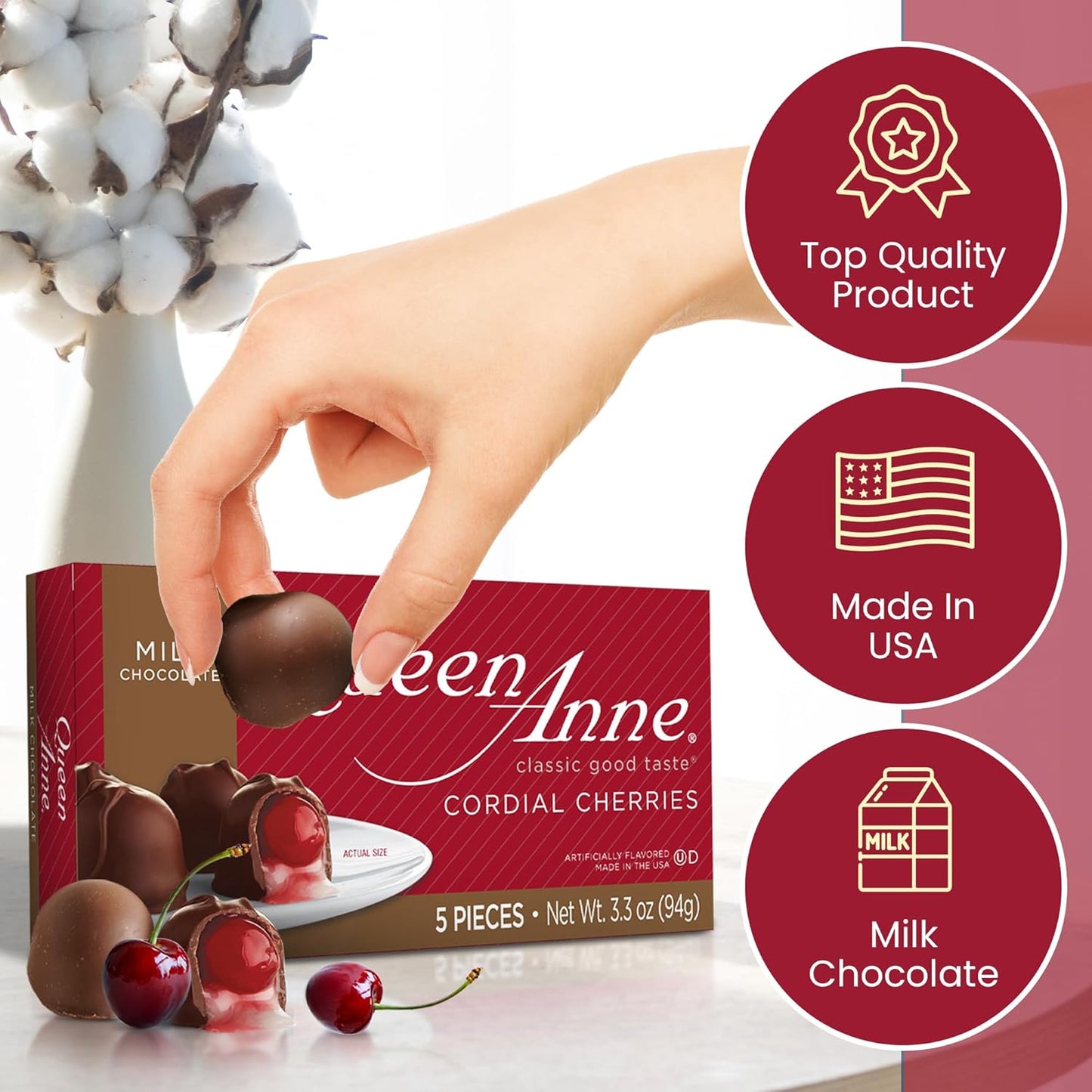 Queen Anne Milk Chocolate Covered Cordial Cherries | 3.3 oz | 5 Piece Gift Box | Whole Cherry Sweet Creamy Fruity Flavor