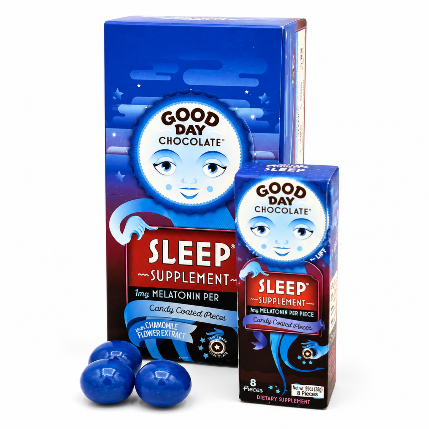 Good Day Chocolate Sleep Aid, Melatonin 1mg & Chamomile, Milk Chocolate for Adults | 8ct (Pack of 12) | Non-GMO, Fair Trade, Doctor-Founded