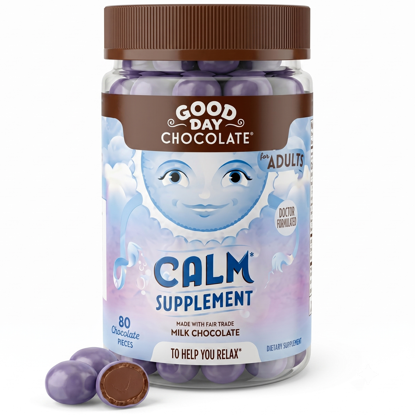 Good Day Chocolate Adult Calm Supplement, L-Theanine, Magnesium & Chamomile, Milk Chocolate | 80 Count | Non-GMO, Fair Trade, Doctor-Founded