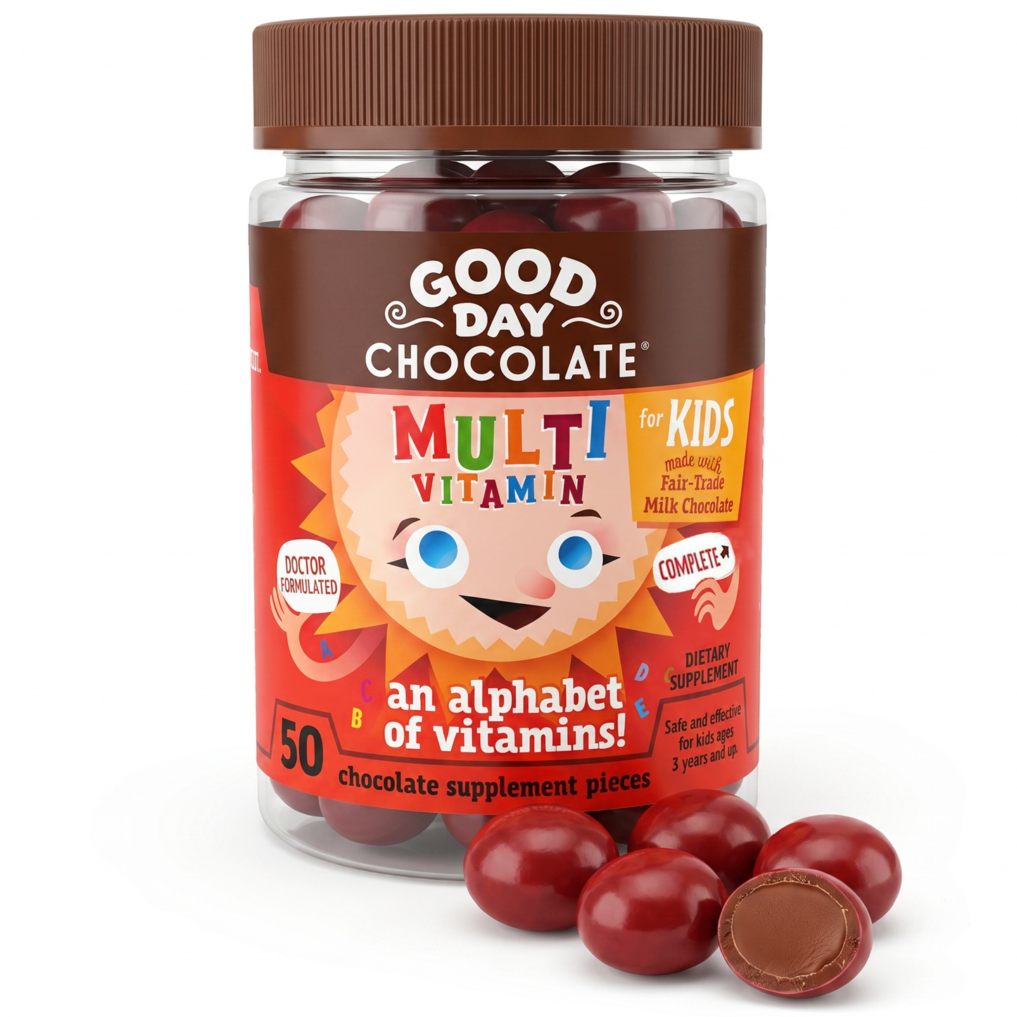 Good Day Chocolate Kids Multivitamin, Vitamins A, B6, B12, C, D & E with Folate and Biotin, Milk Chocolate | 50 Count | Non-GMO, Fair Trade, Doctor-Founded