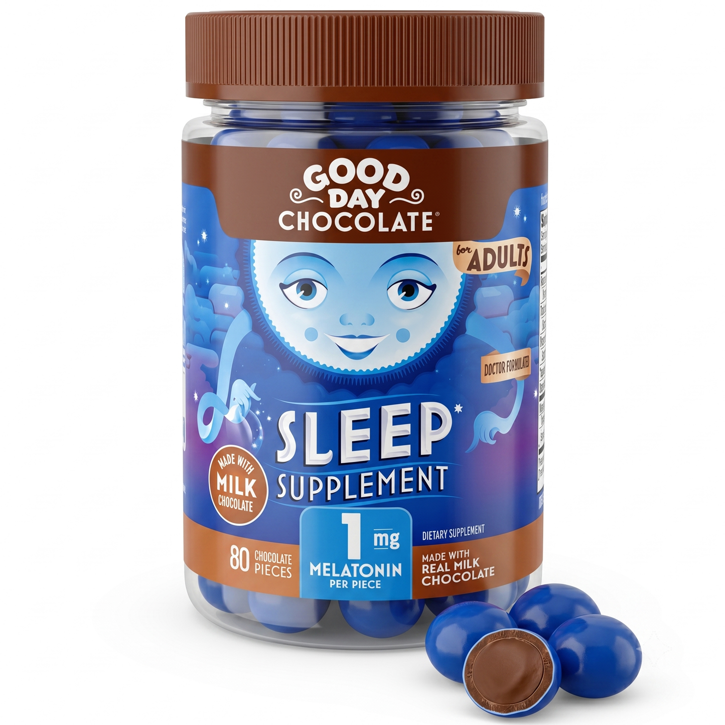 Good Day Chocolate Sleep Aid, Melatonin 1mg & Chamomile, Milk Chocolate for Adults | 80 Count | Non-GMO, Fair Trade, Doctor-Founded