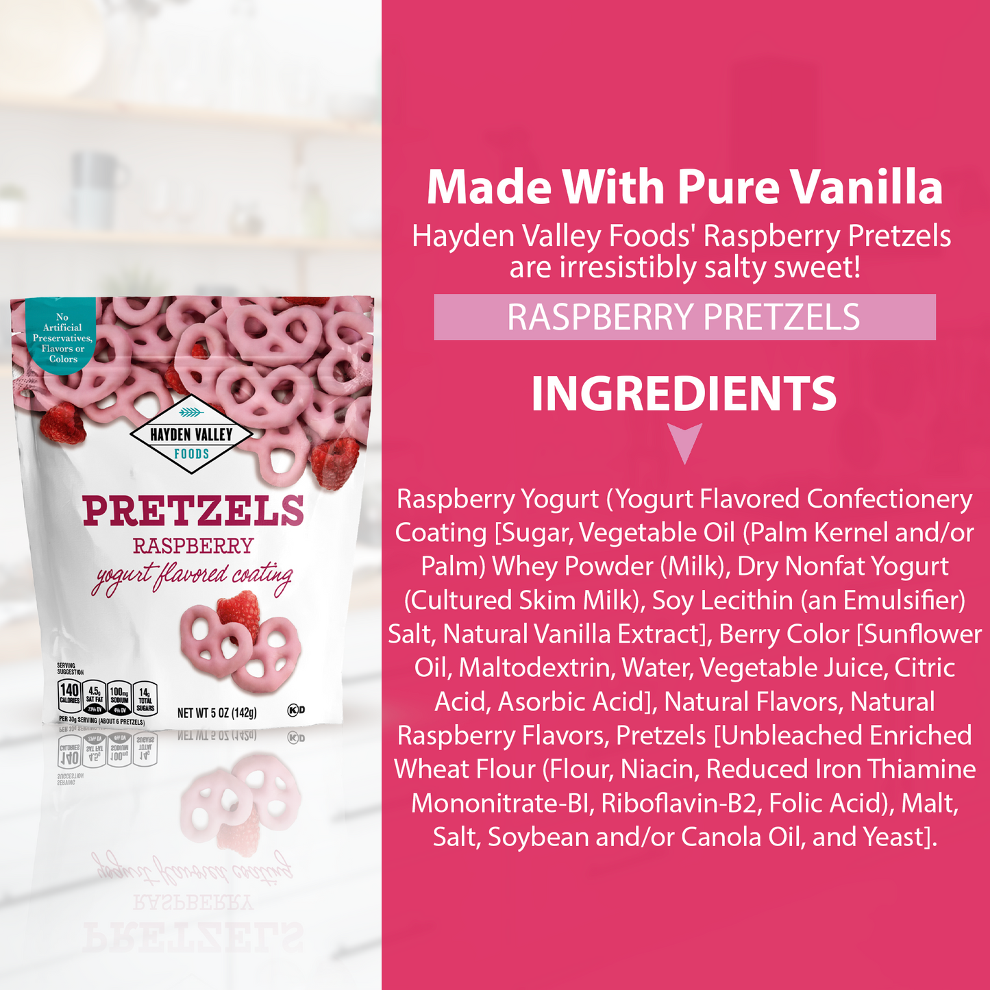 Hayden Valley Foods Raspberry Yogurt Covered Pretzels | 5 oz Bags (Pack of 3) | No Artificial Flavors, Preservatives or Colors