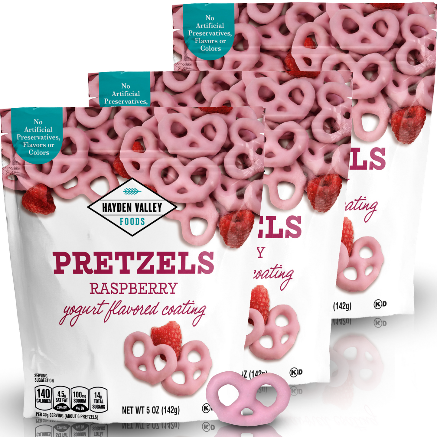 Hayden Valley Foods Raspberry Yogurt Covered Pretzels | 5 oz Bags (Pack of 3) | No Artificial Flavors, Preservatives or Colors