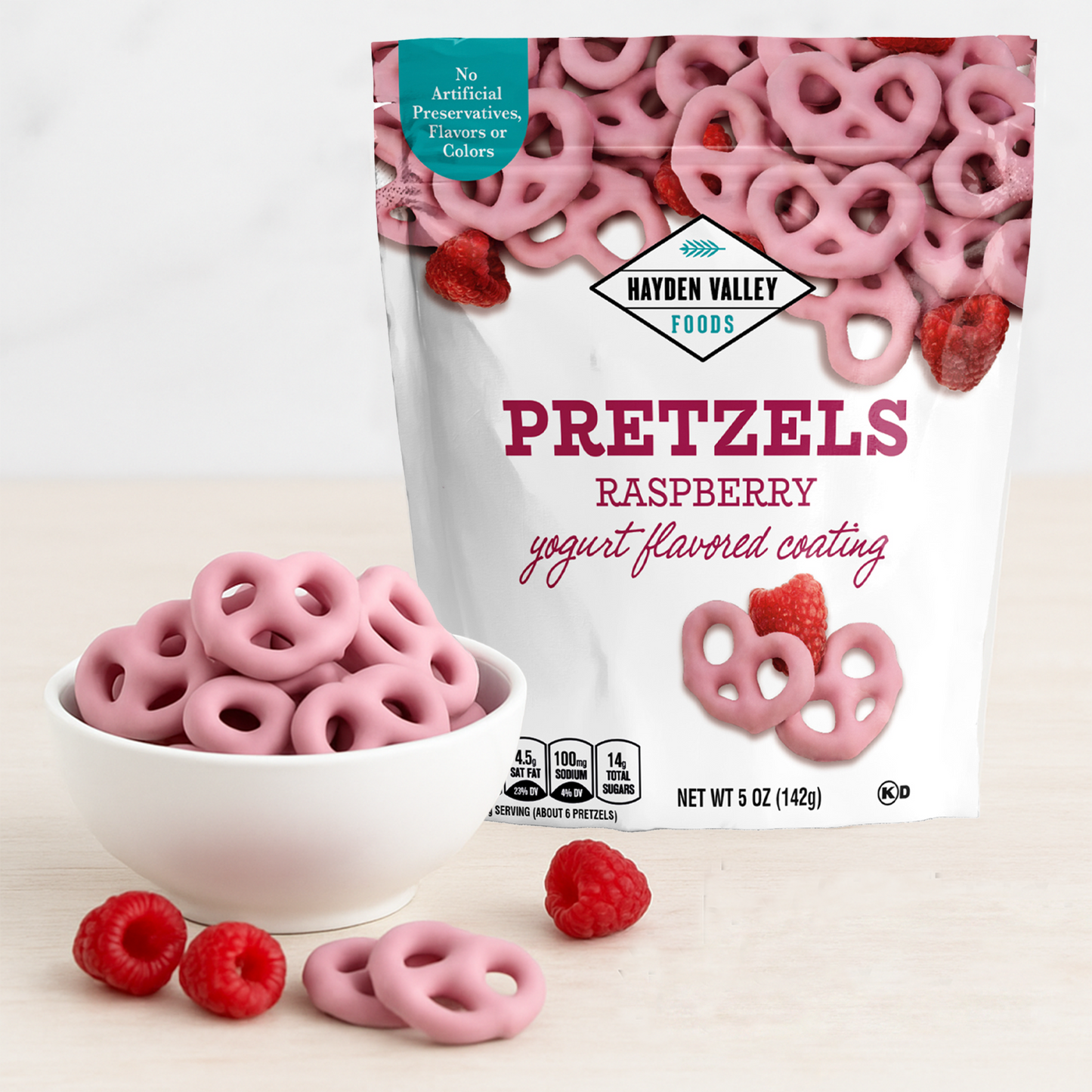 Hayden Valley Foods Raspberry Yogurt Covered Pretzels | 5 oz Bags (Pack of 3) | No Artificial Flavors, Preservatives or Colors