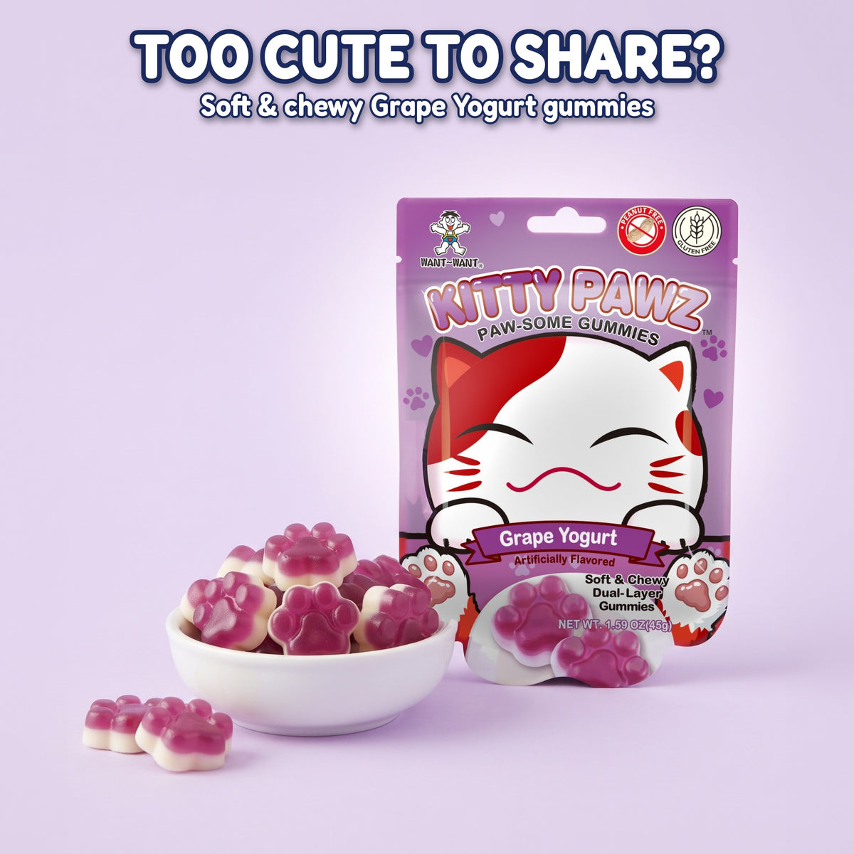 Want Want Kitty Pawz Gummies Variety Pack, Strawberry, Grape & Orange Yogurt Flavors, Cat Paw Shaped Dual-Layer Gummy Candy, Peanut Free & Gluten Free, 1.59 oz Bags (Pack of 6)