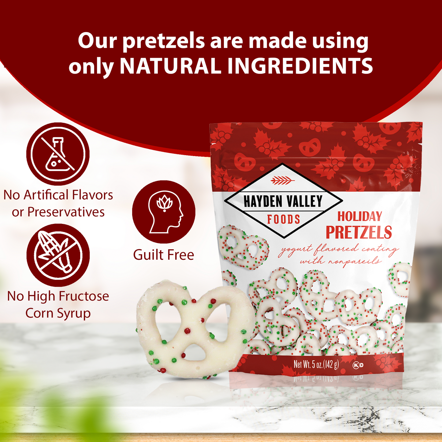 Hayden Valley Foods Holiday Yogurt Covered Pretzels | 5 oz Resealable Bag | Gourmet Flavored Pretzels