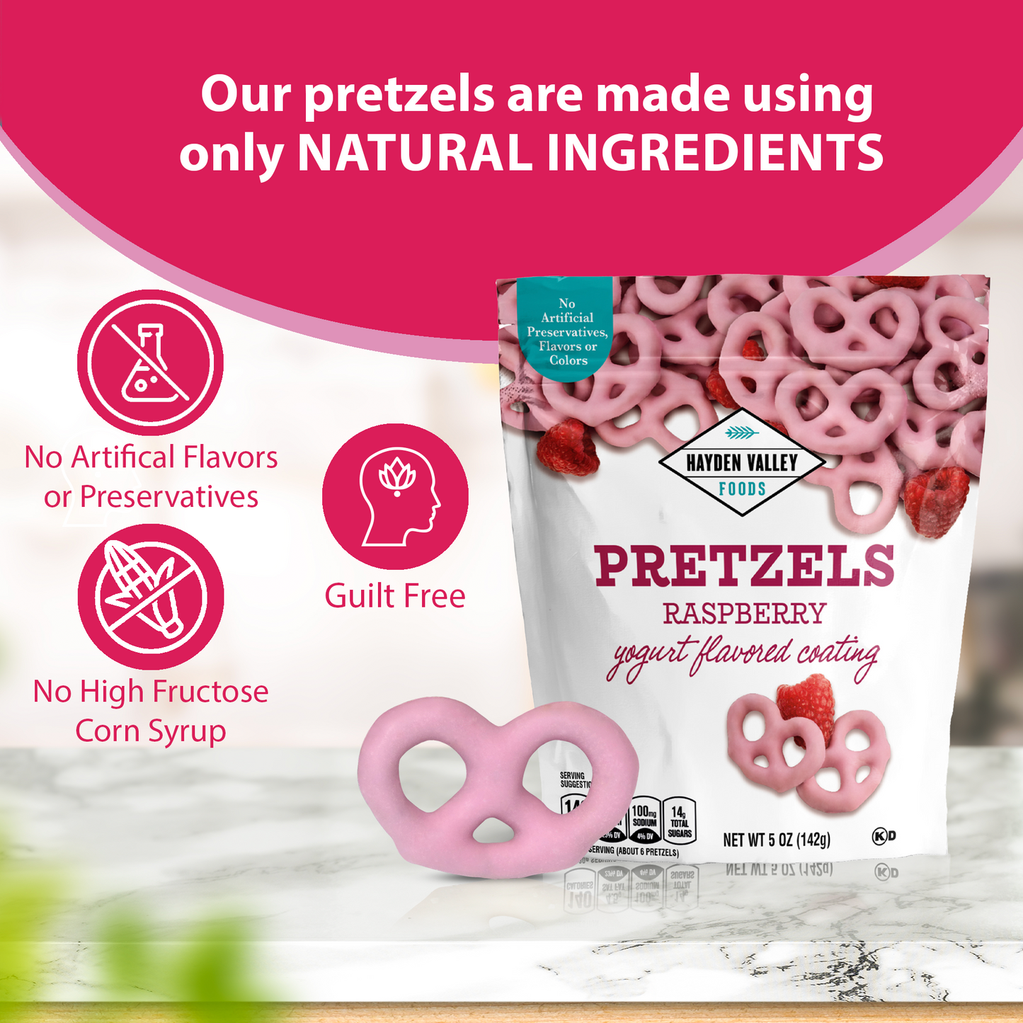 Hayden Valley Foods Raspberry Yogurt Covered Pretzels | 5 oz Bags (Pack of 3) | No Artificial Flavors, Preservatives or Colors