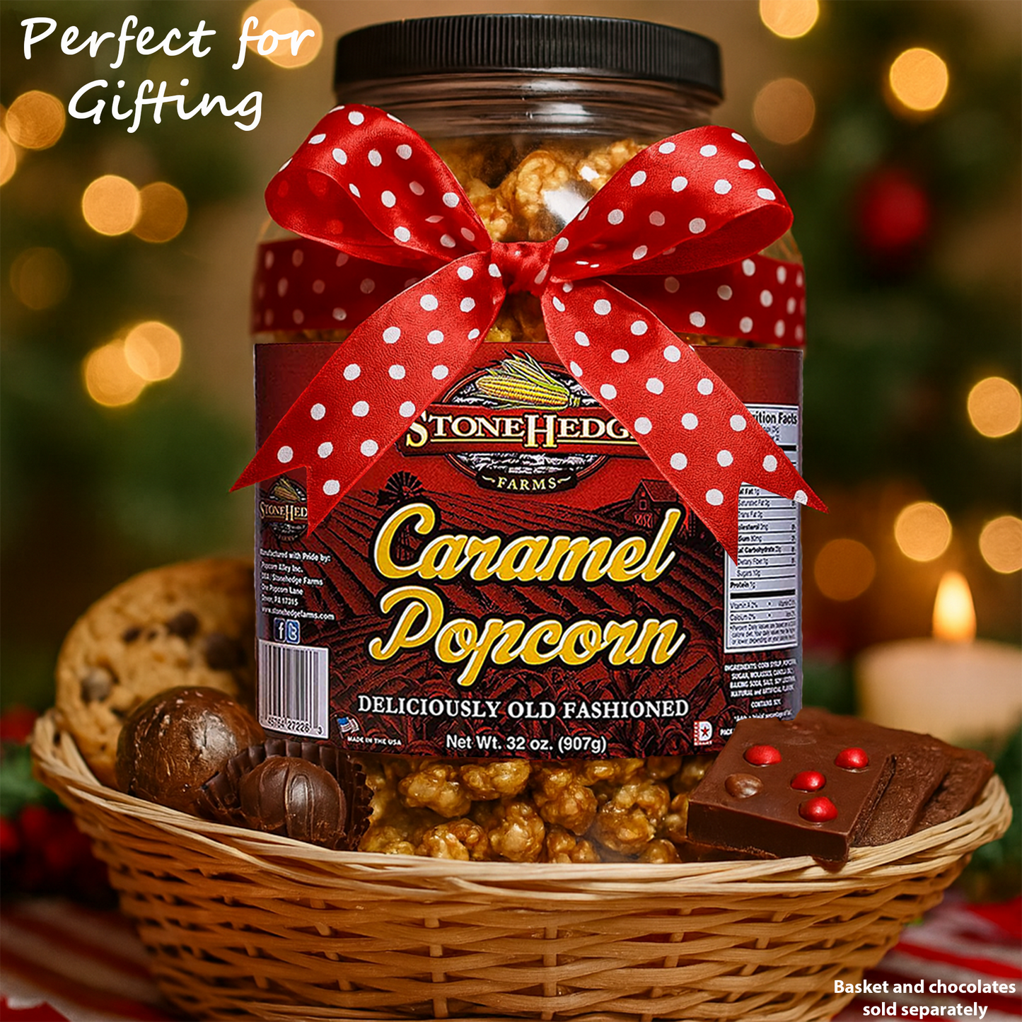 Stonehedge Farms Caramel Flavored Popcorn | 32 oz Large Tub | Perfect for Holidays and Christmas | Bulk Gourmet Popped Sweet Snacks | Made in the USA