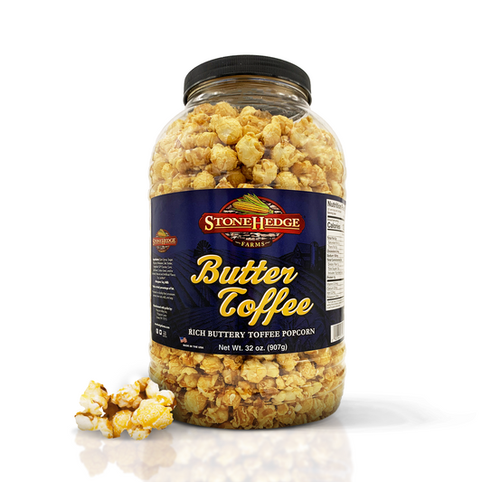 Stonehedge Farms Butter Toffee Flavored Popcorn - 32 oz Large Tub - Bulk Gourmet Deliciously Old Fashioned Popped Sweet Snacks