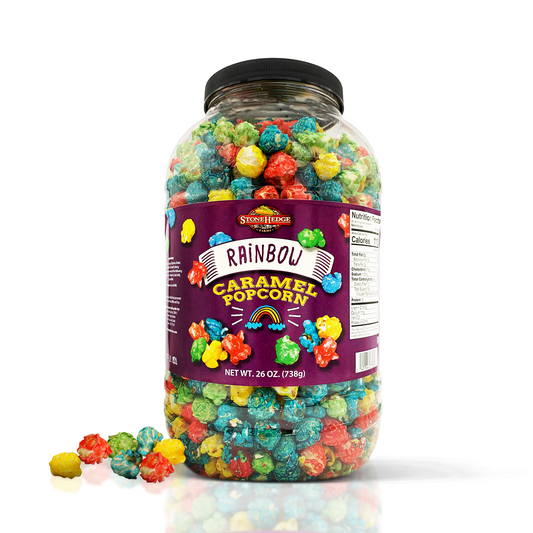 Stonehedge Farms Gourmet Rainbow Caramel Flavored Popcorn - 26 oz Barrel - Deliciously Old Fashioned - Red, Yellow, Green and Blue Popcorn