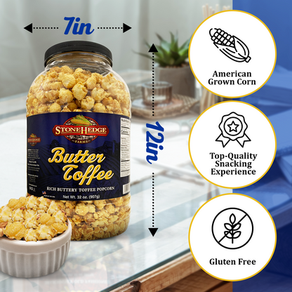 Stonehedge Farms Butter Toffee Flavored Popcorn - 32 oz Large Tub - Bulk Gourmet Deliciously Old Fashioned Popped Sweet Snacks