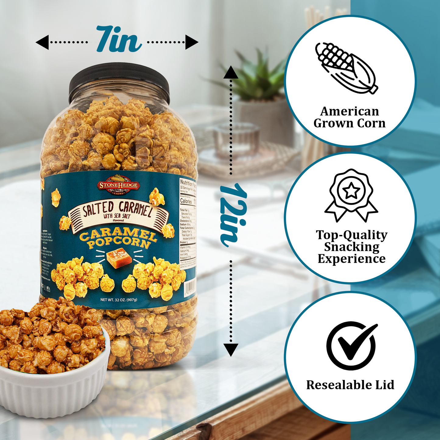 Stonehedge Farms Salted Caramel Flavored Popcorn | 32 oz Large Tub | Perfect for Holidays and Christmas