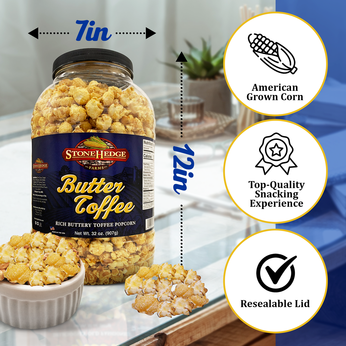 Stonehedge Farms Butter Toffee Flavored Popcorn | 32 oz Large Tub | Perfect for Holidays and Christmas
