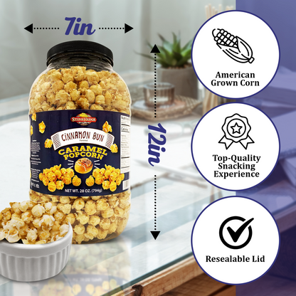 Stonehedge Farms Cinnamon Bun Flavored Popcorn | 28 oz Large Tub | Perfect for Holidays and Christmas