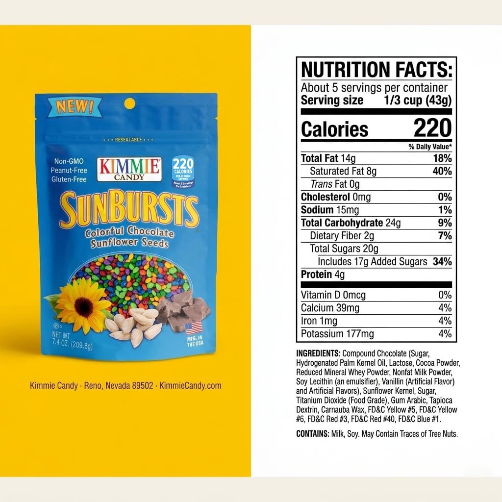 Kimmie Candy Sunbursts, Chocolate Covered Sunflower Seeds with Colorful Candy Shell | 7.4 oz | Non-GMO, Peanut-Free, Gluten-Free