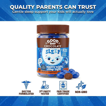 Good Day Chocolate Kids Sleep Aid, Melatonin 1mg & Chamomile, Milk Chocolate | 50 Count (Pack of 2) | Non-GMO, Fair Trade, Doctor-Founded