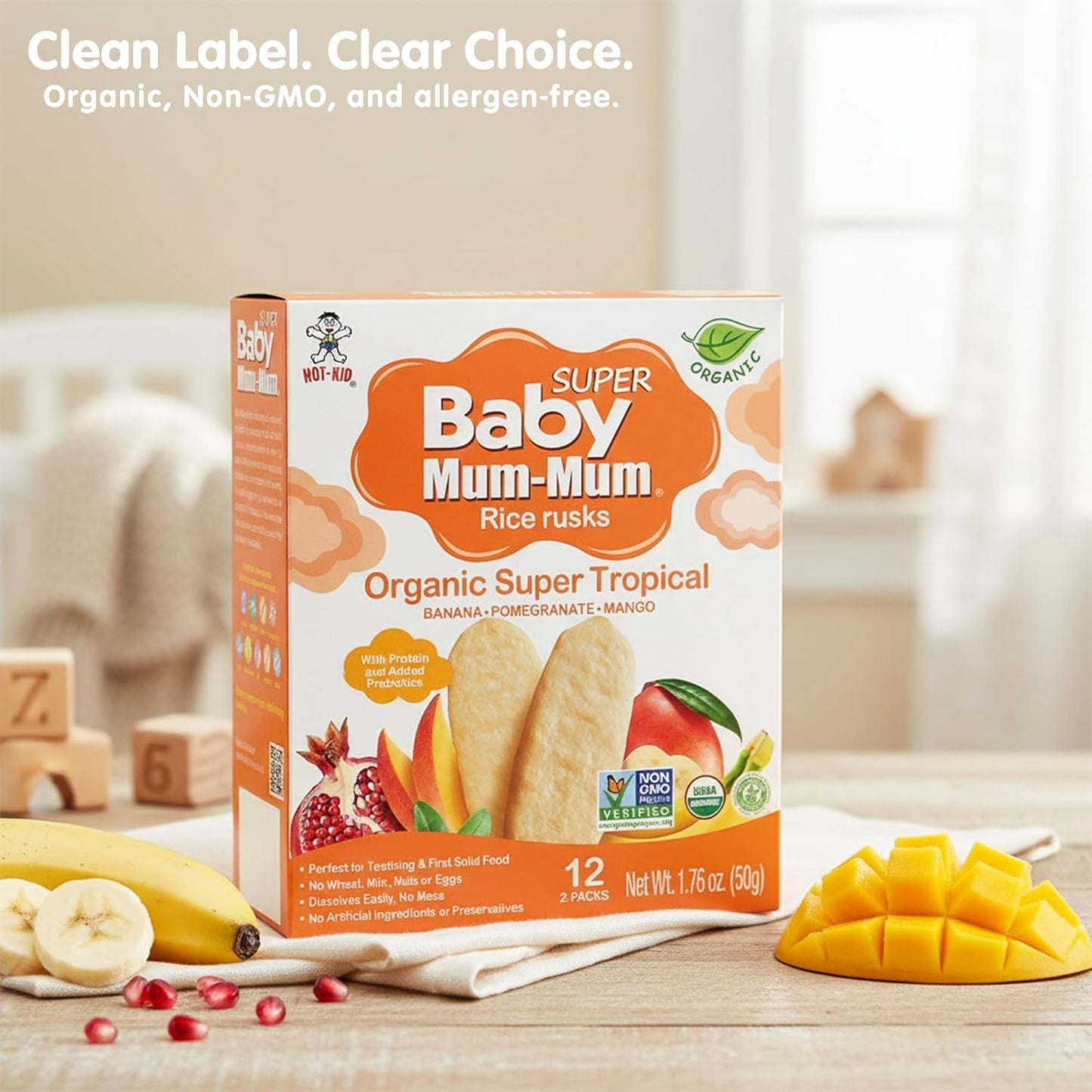 Baby Mum-Mum Organic Gentle Teething Crackers, Super Tropical | 24 Count (Pack of 6) | Gluten Free, Allergen Free, Non-GMO | Baby Snacks, Teether Relief Rice Rusk Cookies for Babies