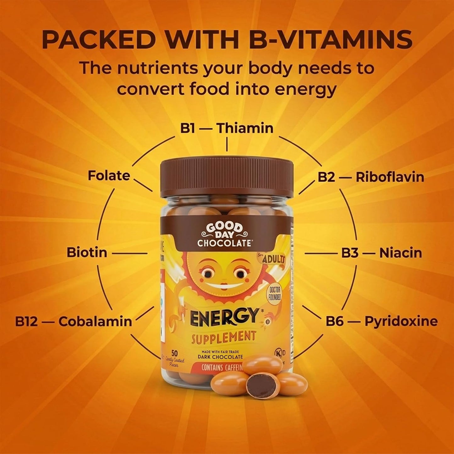 Good Day Chocolate Energy Supplement, Green Tea Extract & B Vitamins, Dark Chocolate for Adults | 50 Count (Pack of 2) | Non-GMO, Fair Trade, Doctor-Founded