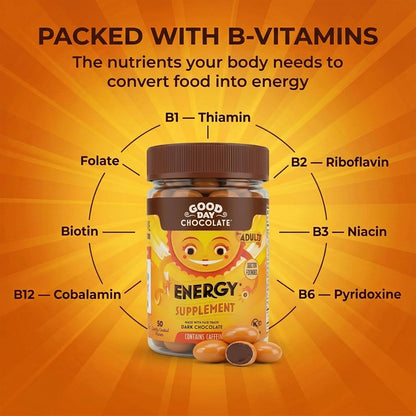 Good Day Chocolate Energy Supplement, Green Tea Extract & B Vitamins, Dark Chocolate for Adults | 50 Count (Pack of 2) | Non-GMO, Fair Trade, Doctor-Founded