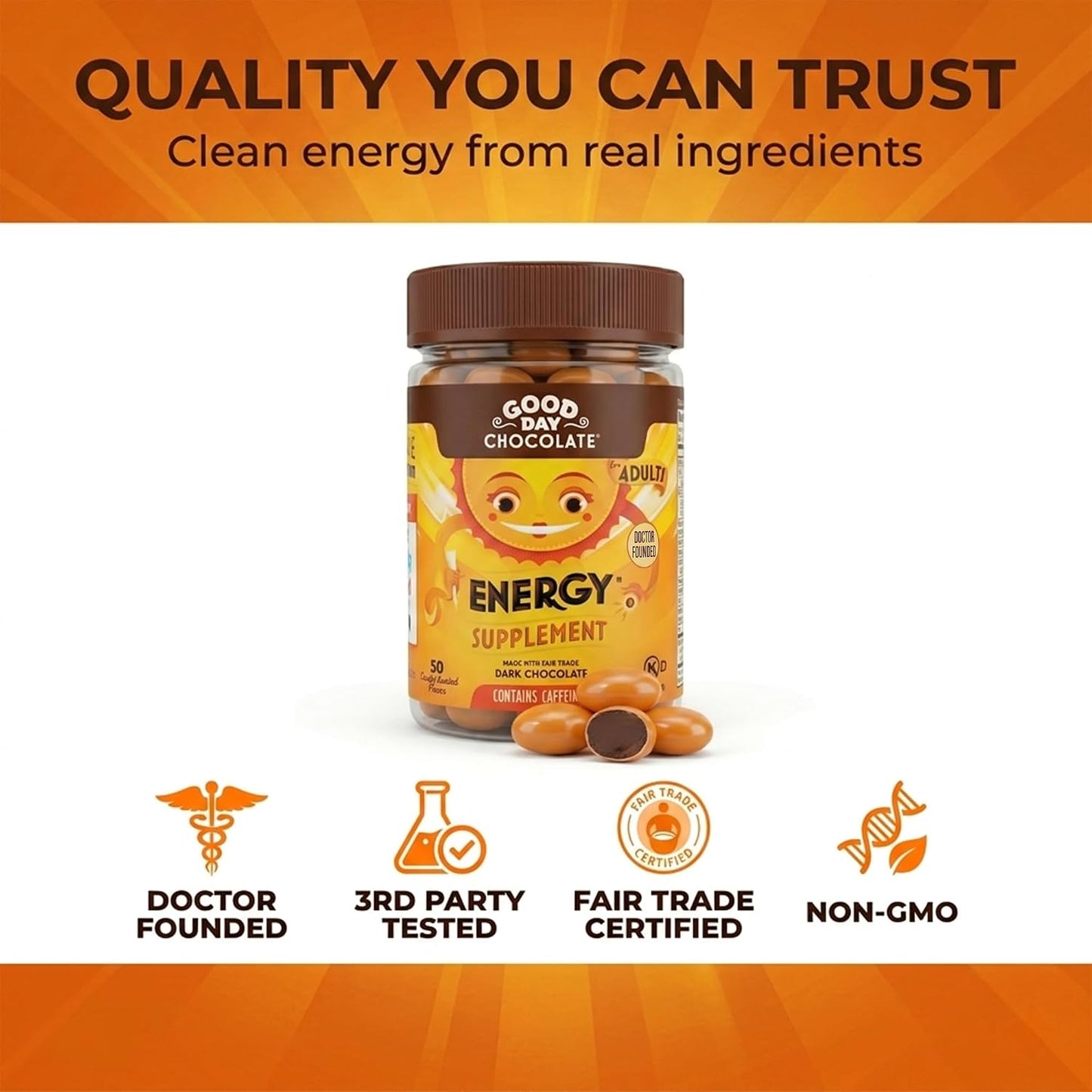 Good Day Chocolate Energy Supplement, Green Tea Extract & B Vitamins, Dark Chocolate for Adults | 50 Count (Pack of 2) | Non-GMO, Fair Trade, Doctor-Founded
