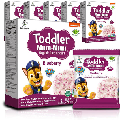 Toddler Mum-Mum Organic Rice Biscuits, Blueberry Paw Patrol | 24 Count (Pack of 6) | Gluten Free, Allergen Free, Non-GMO | Toddler Snacks, Rice Rusk, Cracker