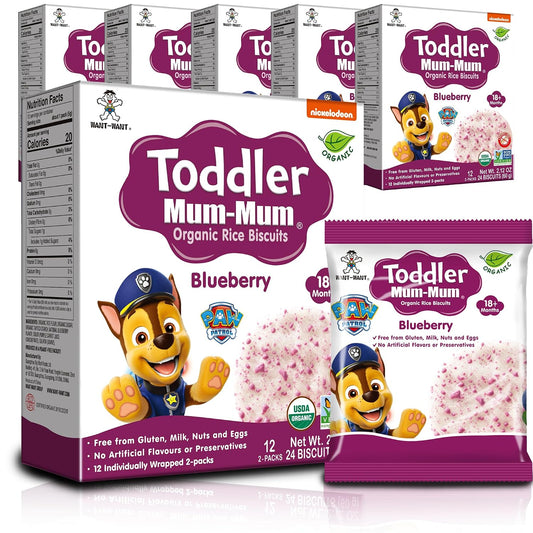 Toddler Mum-Mum Organic Rice Biscuits, Blueberry Paw Patrol | 24 Count (Pack of 6) | Gluten Free, Allergen Free, Non-GMO | Toddler Snacks, Rice Rusk, Cracker