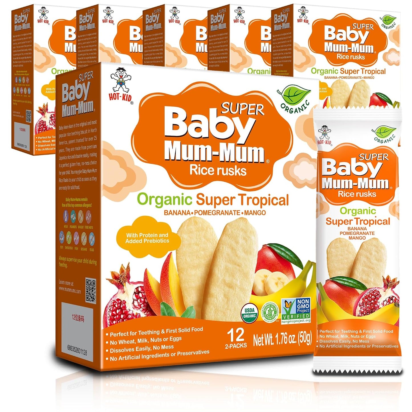 Baby Mum-Mum Organic Gentle Teething Crackers, Super Tropical | 24 Count (Pack of 6) | Gluten Free, Allergen Free, Non-GMO | Baby Snacks, Teether Relief Rice Rusk Cookies for Babies