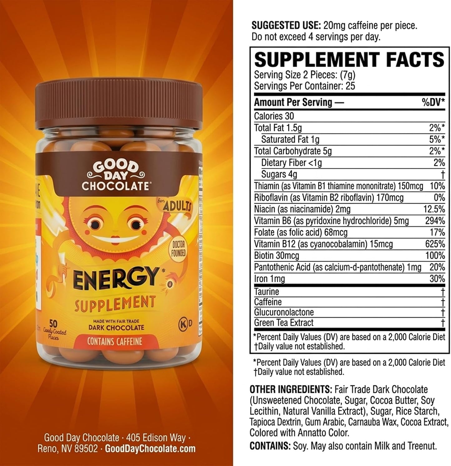 Good Day Chocolate Energy Supplement, Green Tea Extract & B Vitamins, Dark Chocolate for Adults | 50 Count (Pack of 2) | Non-GMO, Fair Trade, Doctor-Founded
