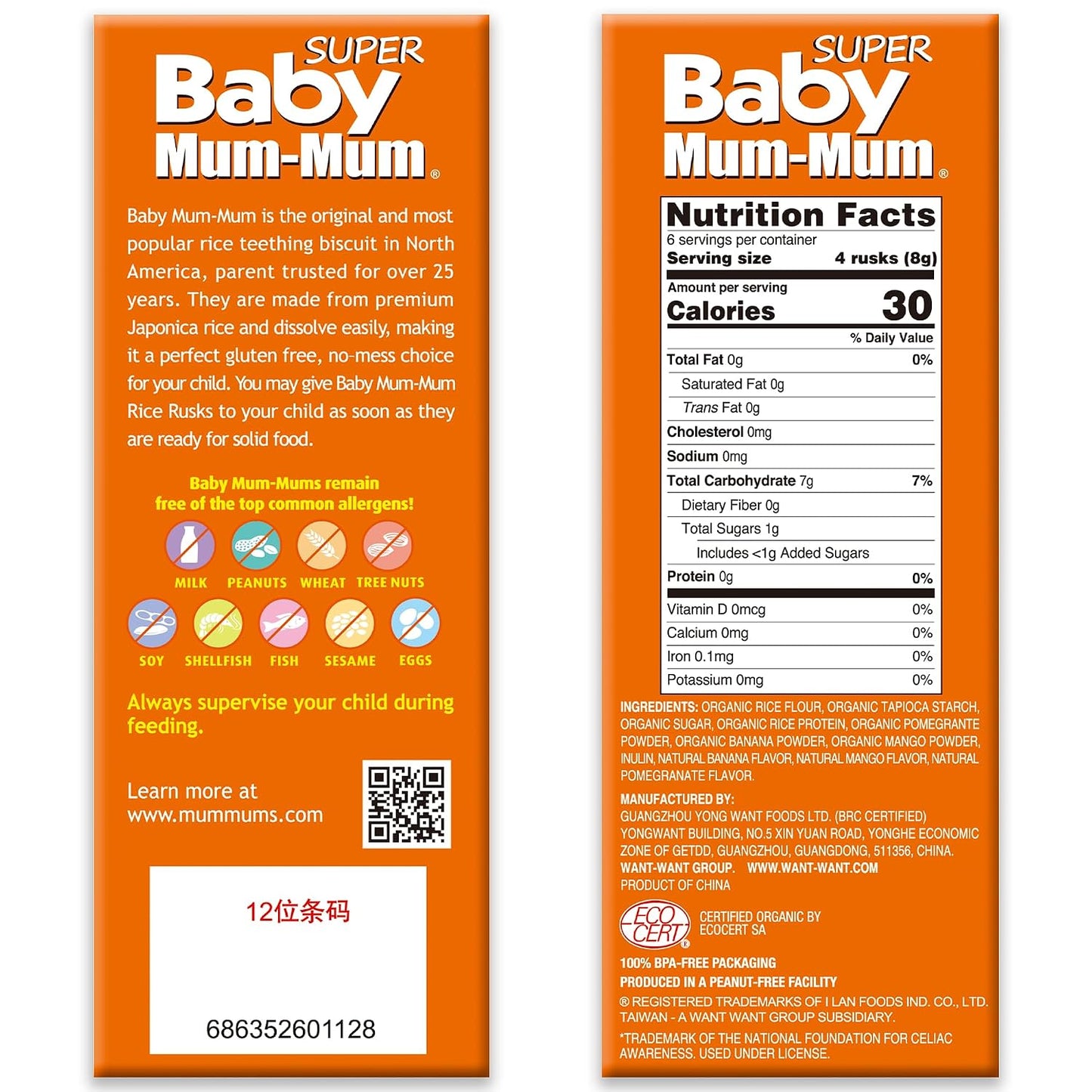 Baby Mum-Mum Organic Gentle Teething Crackers, Super Tropical | 24 Count (Pack of 6) | Gluten Free, Allergen Free, Non-GMO | Baby Snacks, Teether Relief Rice Rusk Cookies for Babies