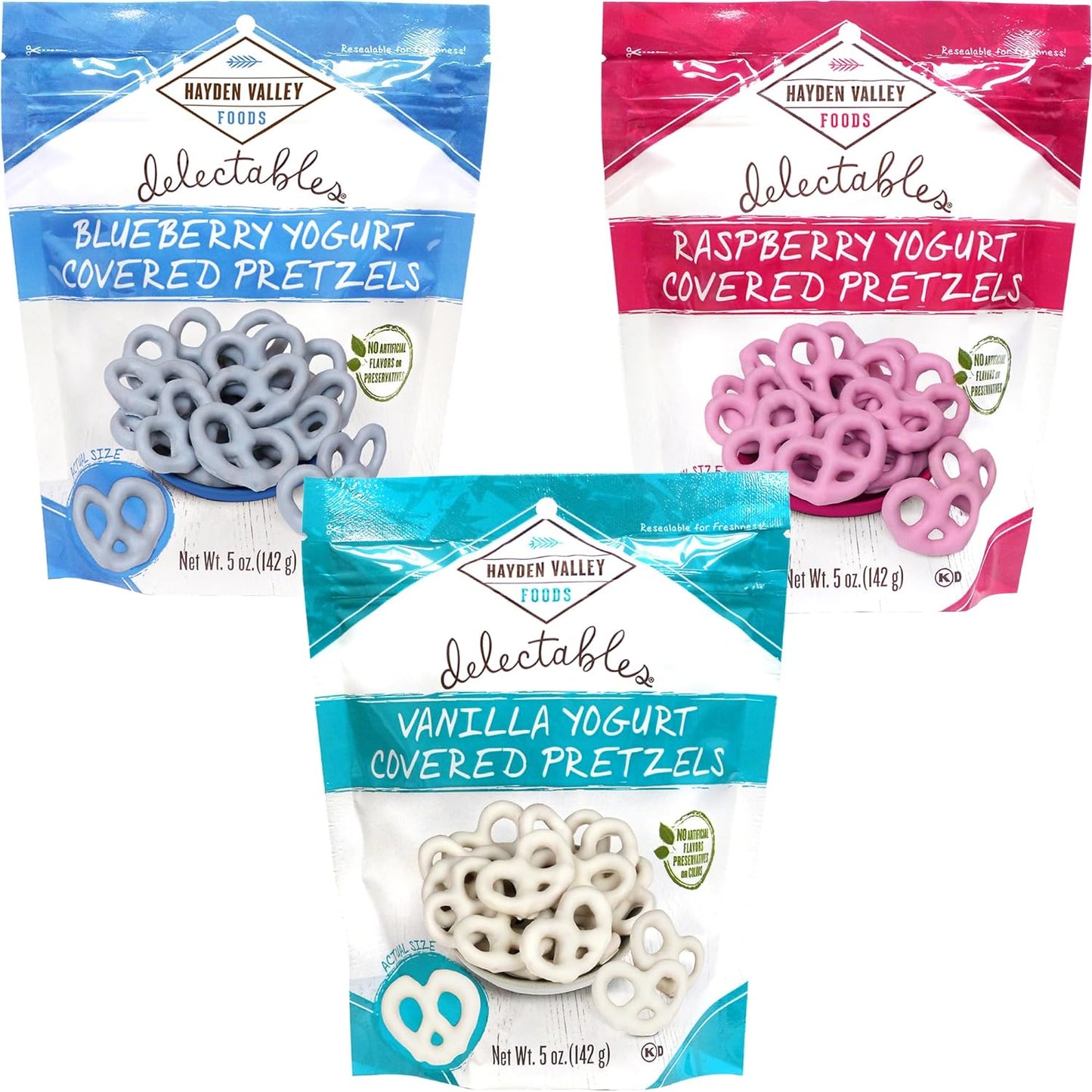 Hayden Valley Foods Yogurt-Covered Pretzel Variety Pack - 5oz Resealable Bags - 3 Pack - Raspberry, Blueberry and Vanilla - Gourmet Flavored Pretzels