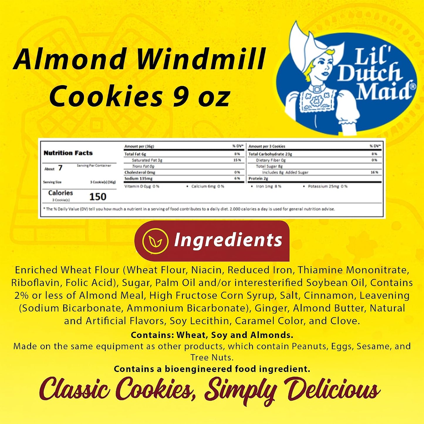 Lil Dutch Maid Almond Windmill Gingerbread Cookies | 9 oz (Pack of 3) | Crunchy Shaped Flavored Snack