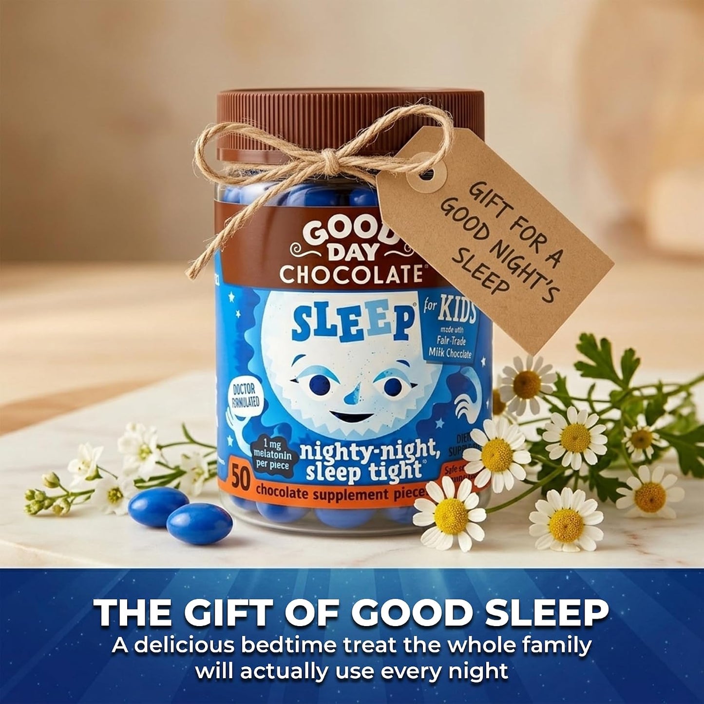 Good Day Chocolate Kids Sleep Aid, Melatonin 1mg & Chamomile, Milk Chocolate | 50 Count (Pack of 2) | Non-GMO, Fair Trade, Doctor-Founded