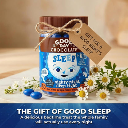 Good Day Chocolate Kids Sleep Aid, Melatonin 1mg & Chamomile, Milk Chocolate | 50 Count (Pack of 2) | Non-GMO, Fair Trade, Doctor-Founded