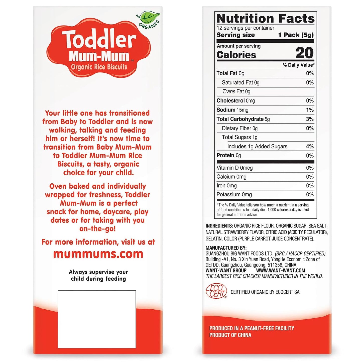 Toddler Mum-Mum Organic Strawberry Rice Biscuits | 24 Count (Pack of 6) | Gluten Free, Allergen Free, Non-GMO | Toddler Snack Crackers