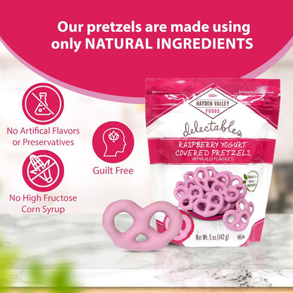 Hayden Valley Foods Raspberry Yogurt Covered Pretzels | 5 oz Bags (Pack of 3) | No Artificial Flavors, Preservatives or Colors | Pink Bulk Sweet Snacks
