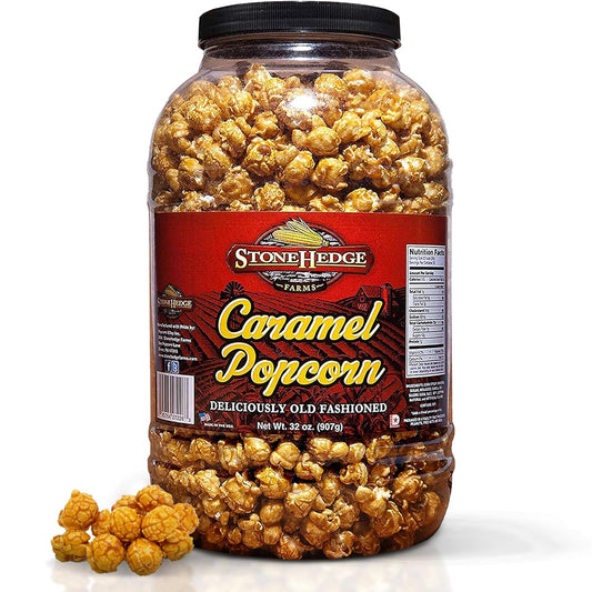 Stonehedge Farms Caramel Flavored Popcorn | 32 oz Large Tub | Perfect for Holidays and Christmas | Bulk Gourmet Popped Sweet Snacks | Made in the USA