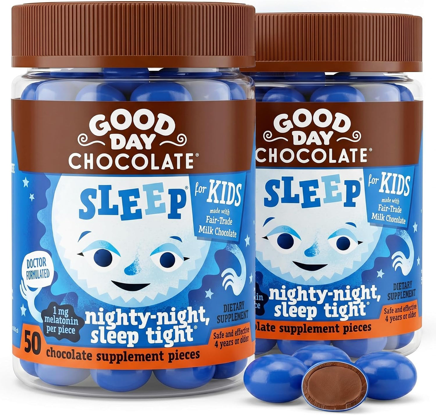Good Day Chocolate Kids Sleep Aid, Melatonin 1mg & Chamomile, Milk Chocolate | 50 Count (Pack of 2) | Non-GMO, Fair Trade, Doctor-Founded