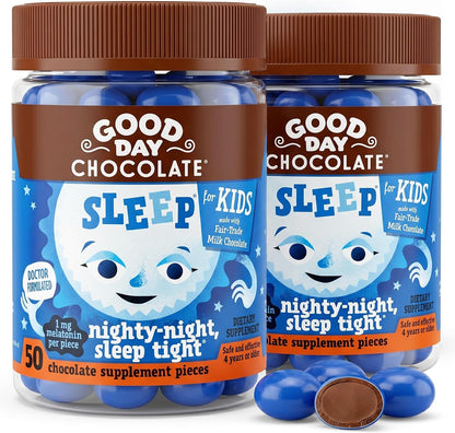 Good Day Chocolate Kids Sleep Aid, Melatonin 1mg & Chamomile, Milk Chocolate | 50 Count (Pack of 2) | Non-GMO, Fair Trade, Doctor-Founded