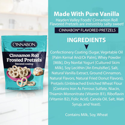 Hayden Valley Foods Cinnabon Bun Covered Pretzels | 5 oz Bags (Pack of 3) | No Artificial Flavors, Preservatives or Colors | Gourmet Bulk Snacks