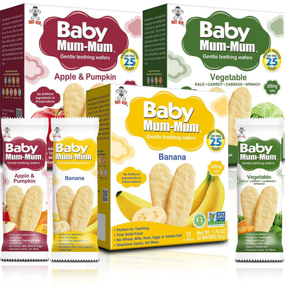 Baby Mum-Mum Gentle Teething Crackers, Vegetable, Apple, Banana Variety Pack | 24 Count (Pack of 3) | Gluten Free, Allergen Free, Non-GMO | Baby Snacks, Teether Relief Rice Rusk Cookies for Toddlers