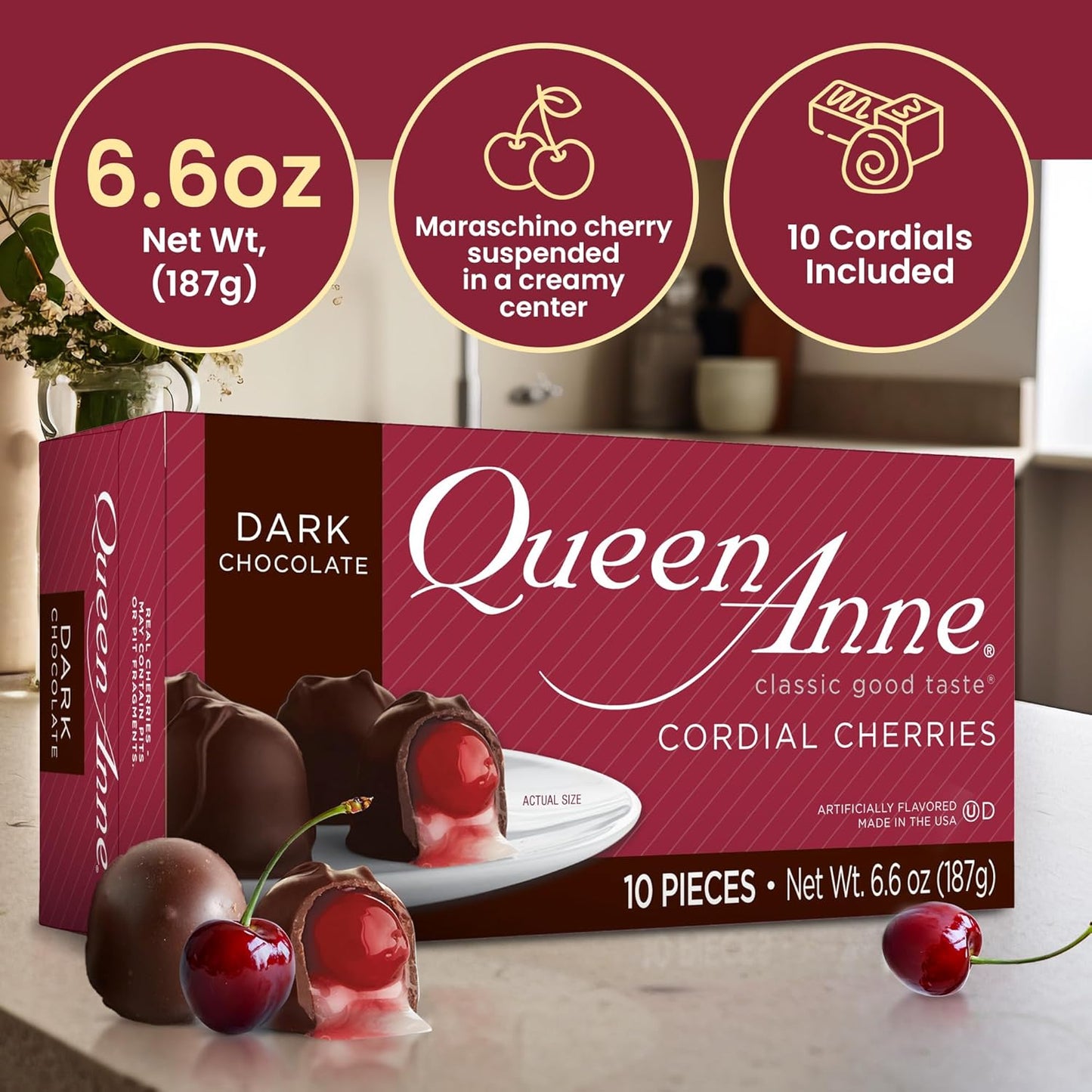 Queen Anne Dark Chocolate Covered Cordial Cherries | 6.6 oz | 10 Piece Gift Box