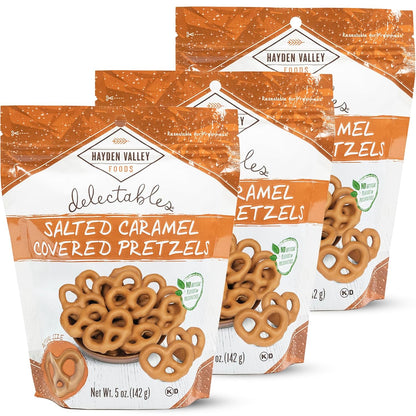 Hayden Valley Foods Salted Caramel Covered Pretzels | 5 oz Bags (Pack of 3) | No Artificial Flavors, Preservatives or Colors | Gourmet Bulk Holiday Snacks