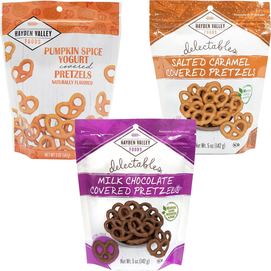 Hayden Valley Foods Yogurt Covered Pretzel Variety Pack - 5oz Resealable Bags (Pack of 3) - Milk Chocolate, Salted Caramel and Pumpkin Spice - Gourmet Flavored Pretzels