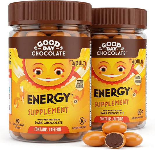 Good Day Chocolate Energy Supplement, Green Tea Extract & B Vitamins, Dark Chocolate for Adults | 50 Count (Pack of 2) | Non-GMO, Fair Trade, Doctor-Founded