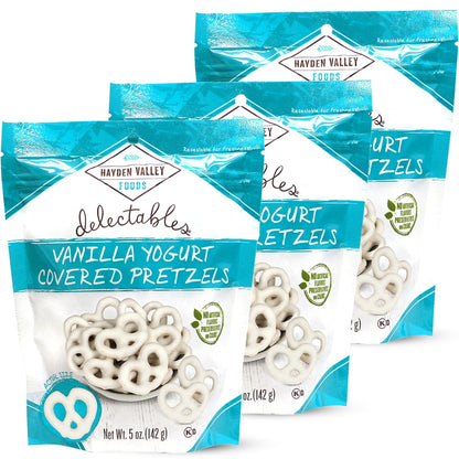 Hayden Valley Foods Vanilla Yogurt Covered Pretzels | 5 oz Bags (Pack of 3) | No Artificial Flavors, Preservatives or Colors | Sweet Holiday Snack