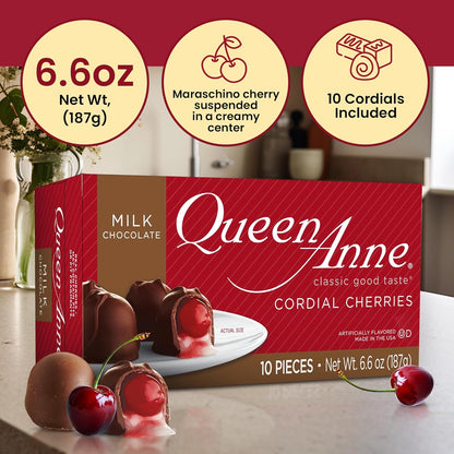 Queen Anne Milk Chocolate Covered Cordial Cherries | 6.6 oz | 10 Piece Gift Box