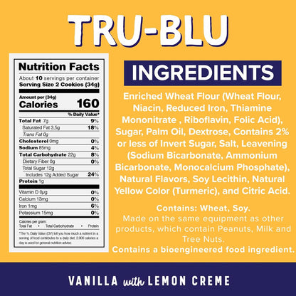 Tru-Blu Vanilla Cookies with Lemon Creme | 12 Ounce (Pack of 3) | No artificial ingredients | No High Fructose Corn Syrup | Made in the USA